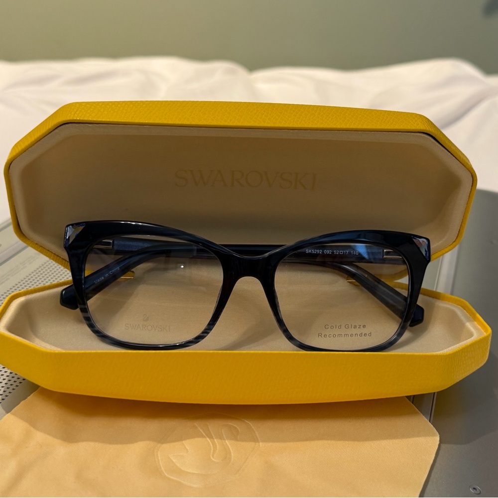 Swarovski Blue Black Tortoiseshell Square Glasses with clear Crystal Accents